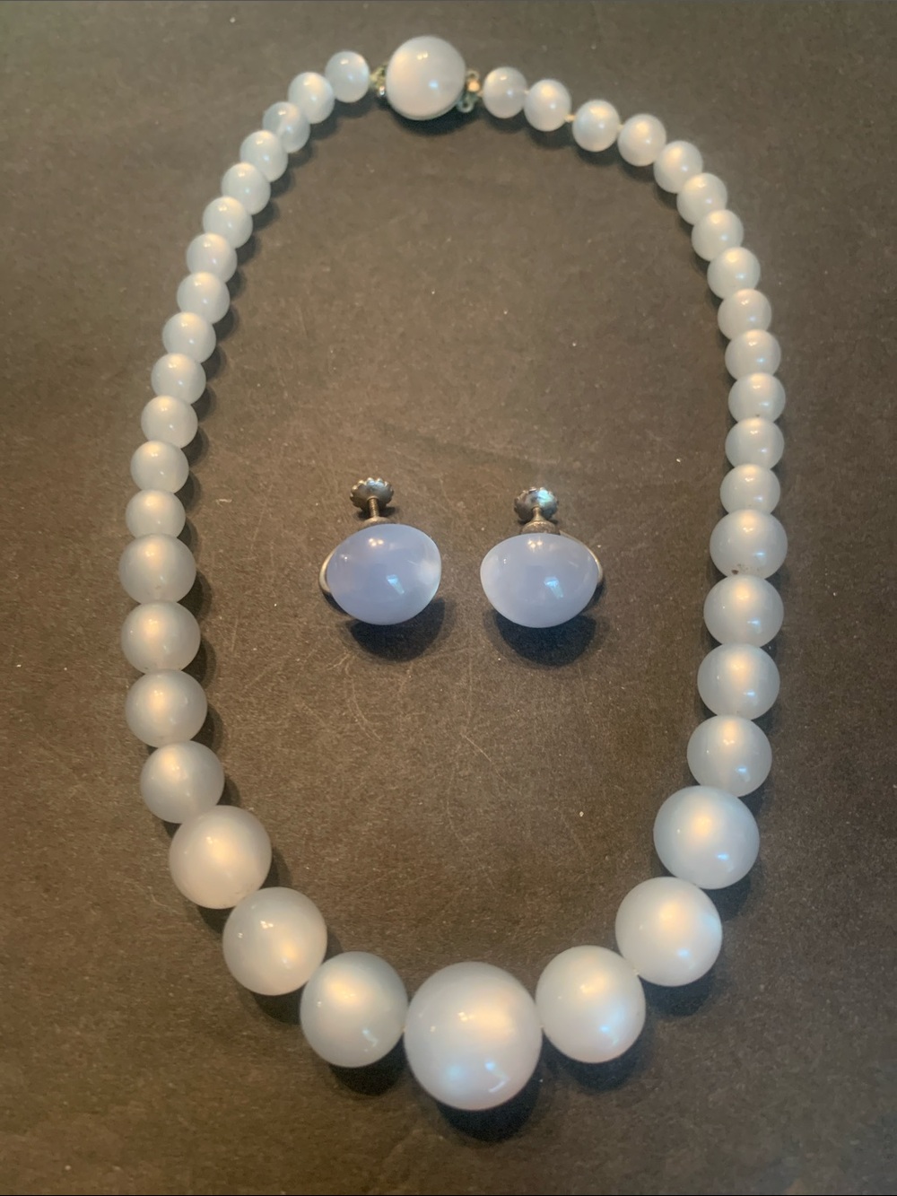 Richelieu Satinore Blue 50’s Moonglow Lucite necklace / 925 Sterling / earrings